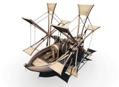 Model of Leonardo DaVinci's paddleboat design with gears